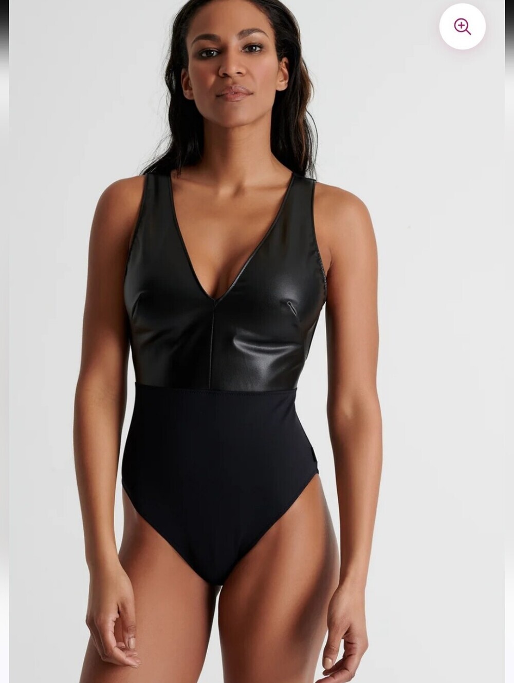 SHAN Eva Plunging Elegant One Piece Swimsuit. Black. Faux Leather Part. 6 US.
